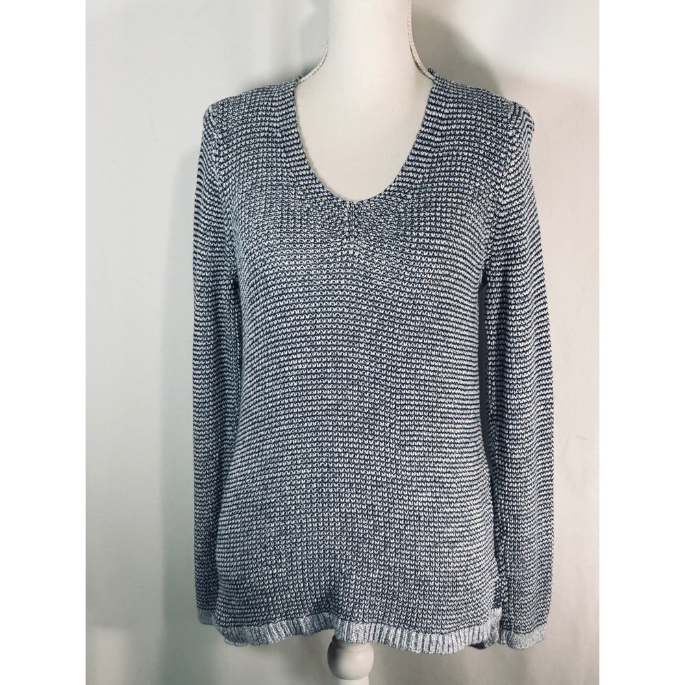 Chaps Denim Womens Blue White Marled Knit V-Neck‎ 100% Cotton Sweater Large